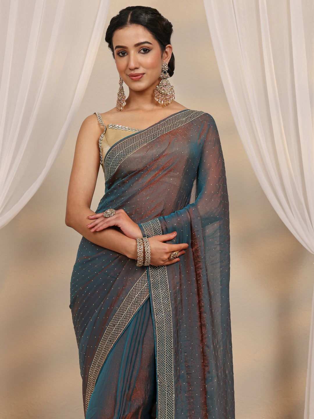  Blue Embellished Tissue Saree With Unstitched Blouse Piece 
