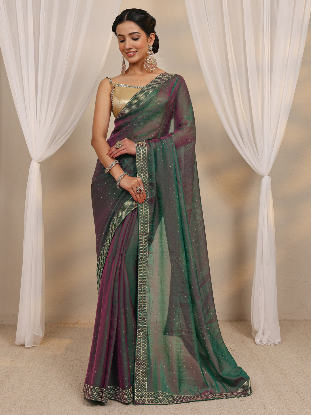  Green Embellished Tissue Saree With Unstitched Blouse Piece 