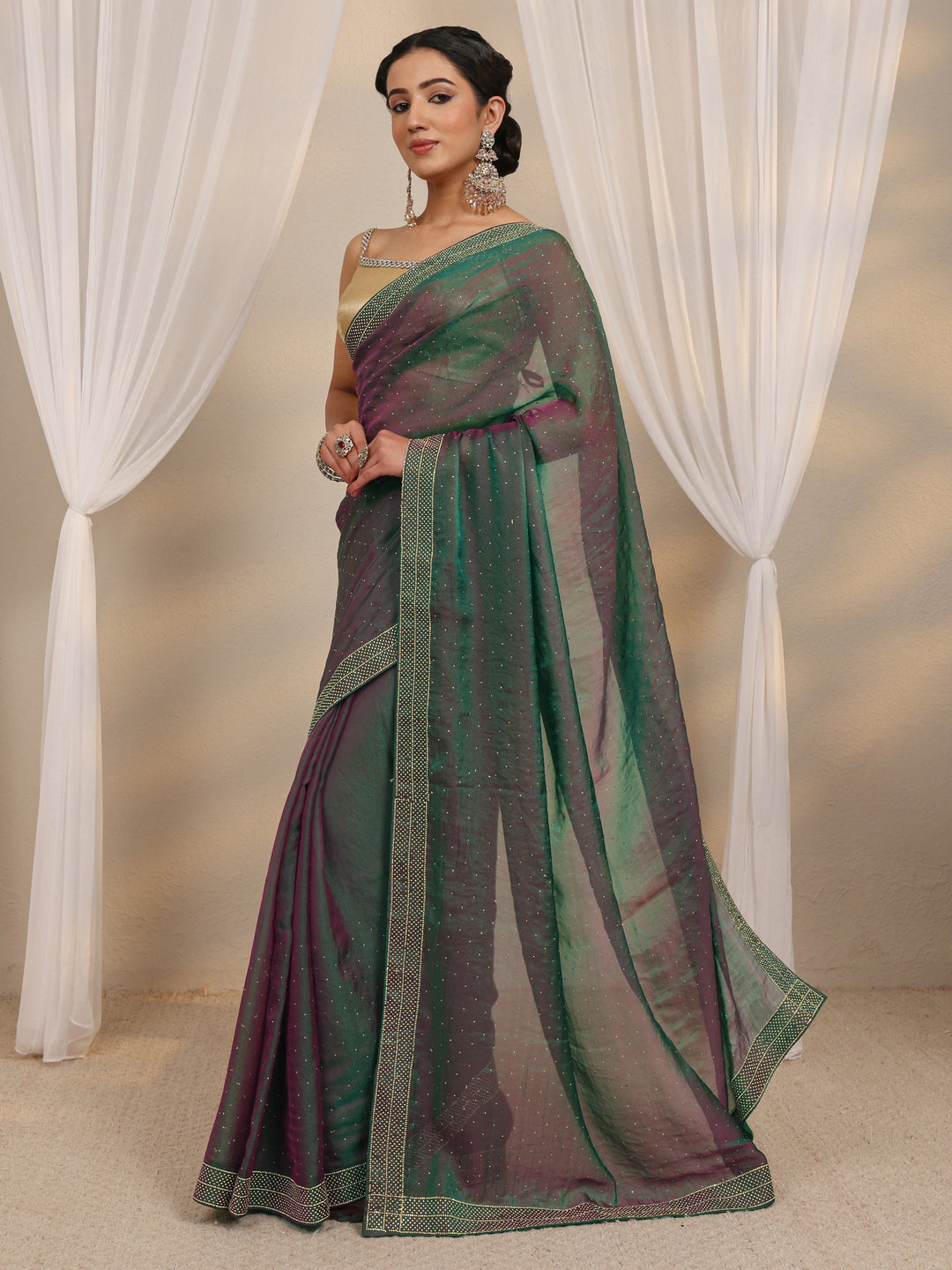  Green Embellished Tissue Saree With Unstitched Blouse Piece 