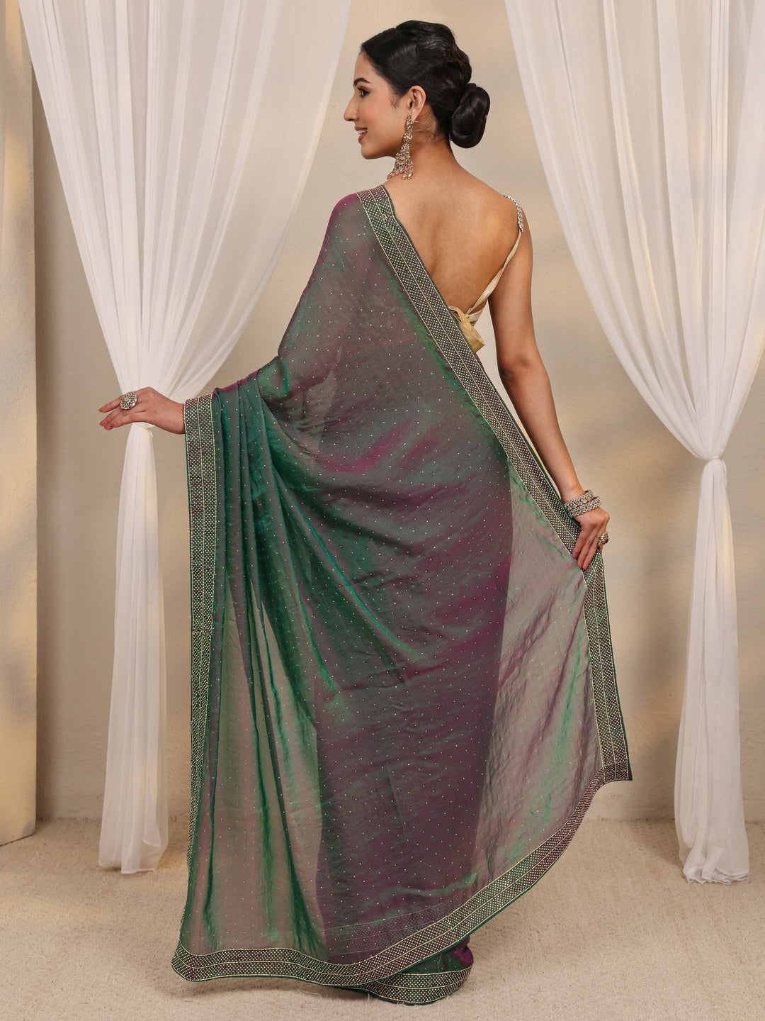  Green Embellished Tissue Saree With Unstitched Blouse Piece 