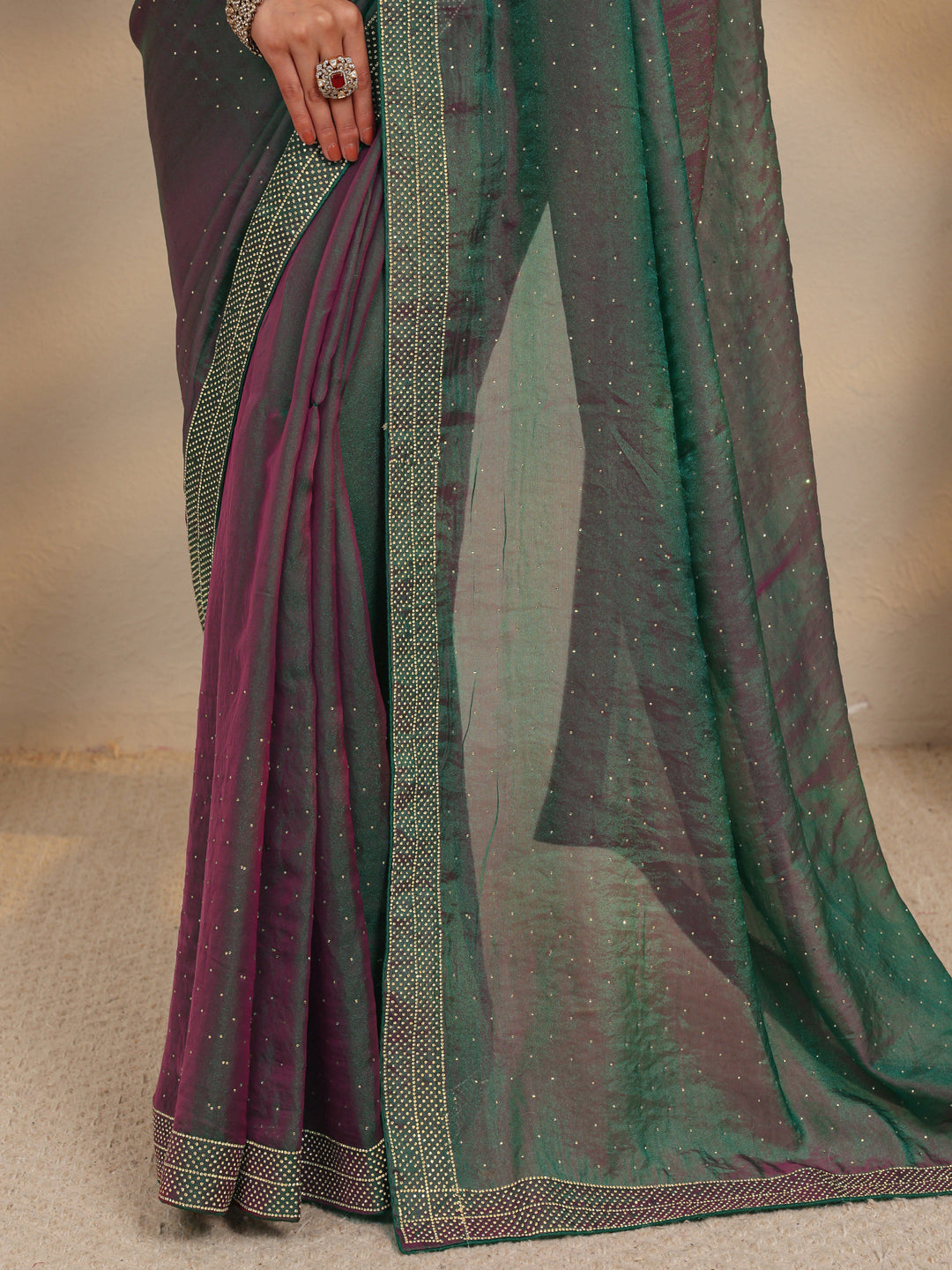  Green Embellished Tissue Saree With Unstitched Blouse Piece 