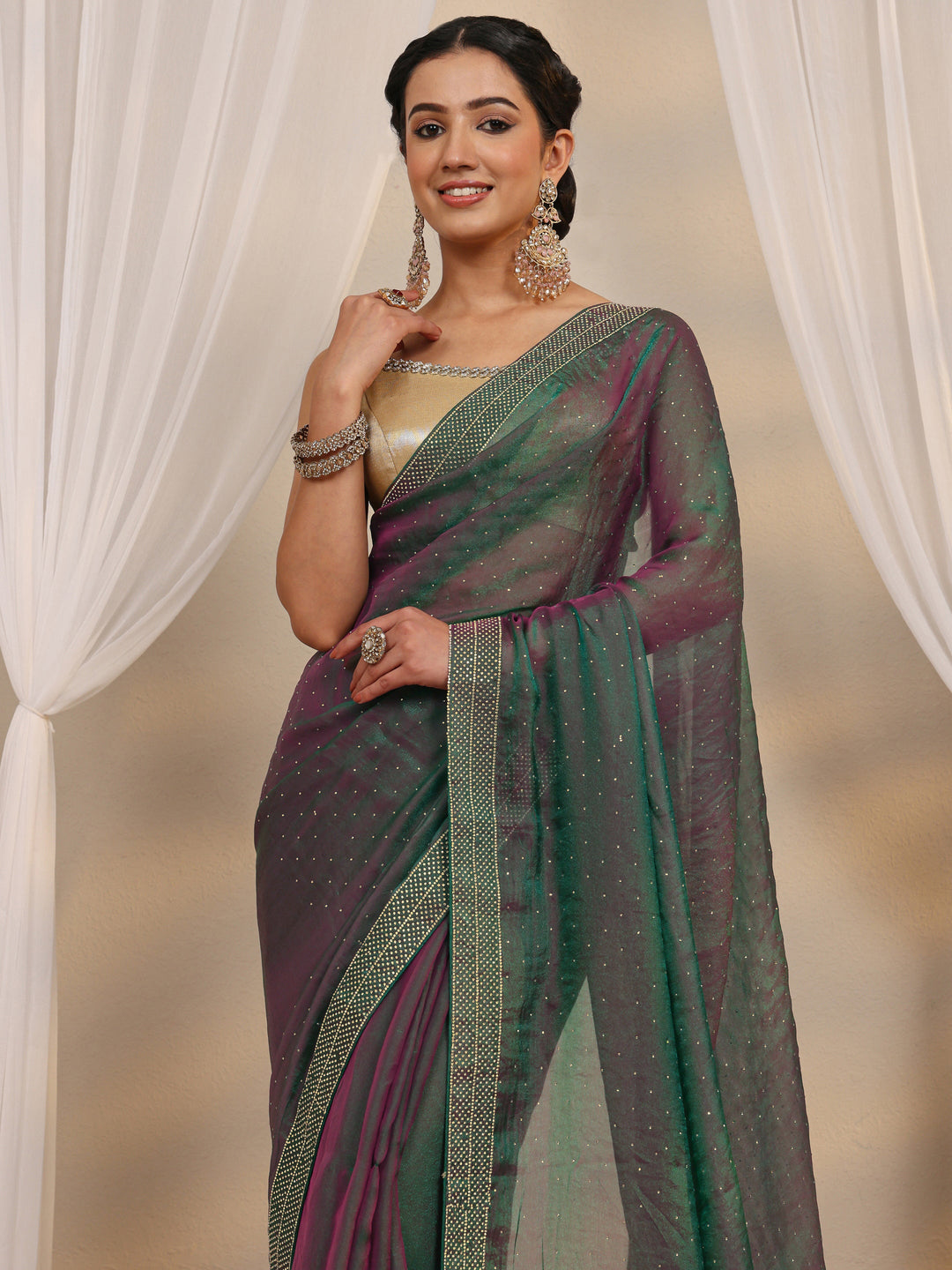  Green Embellished Tissue Saree With Unstitched Blouse Piece 