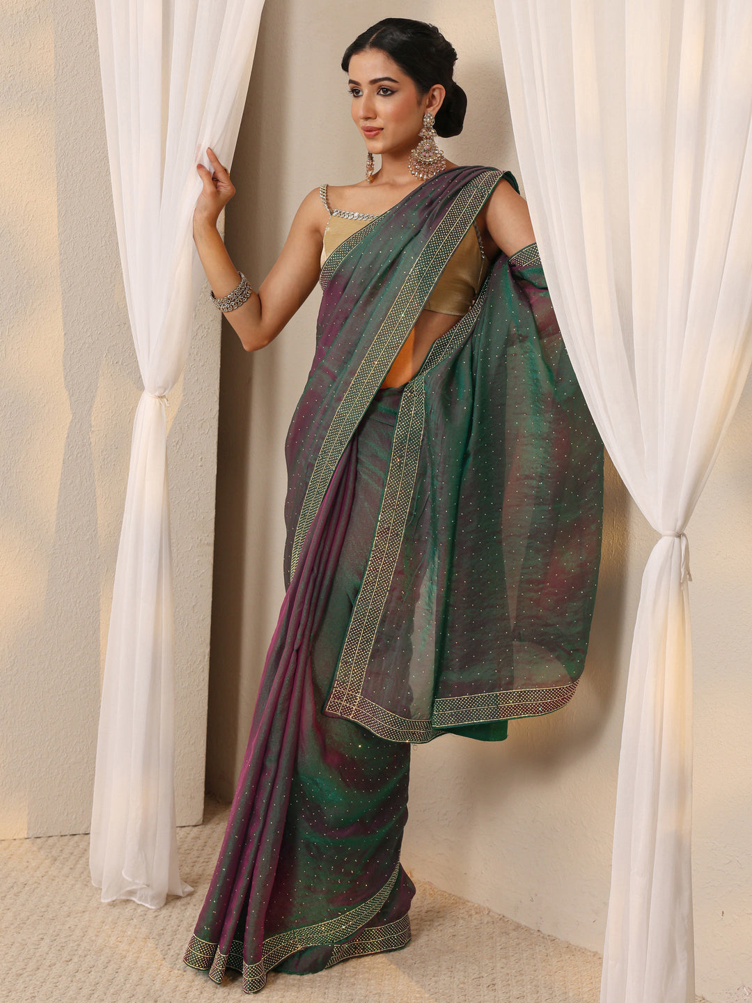  Green Embellished Tissue Saree With Unstitched Blouse Piece 