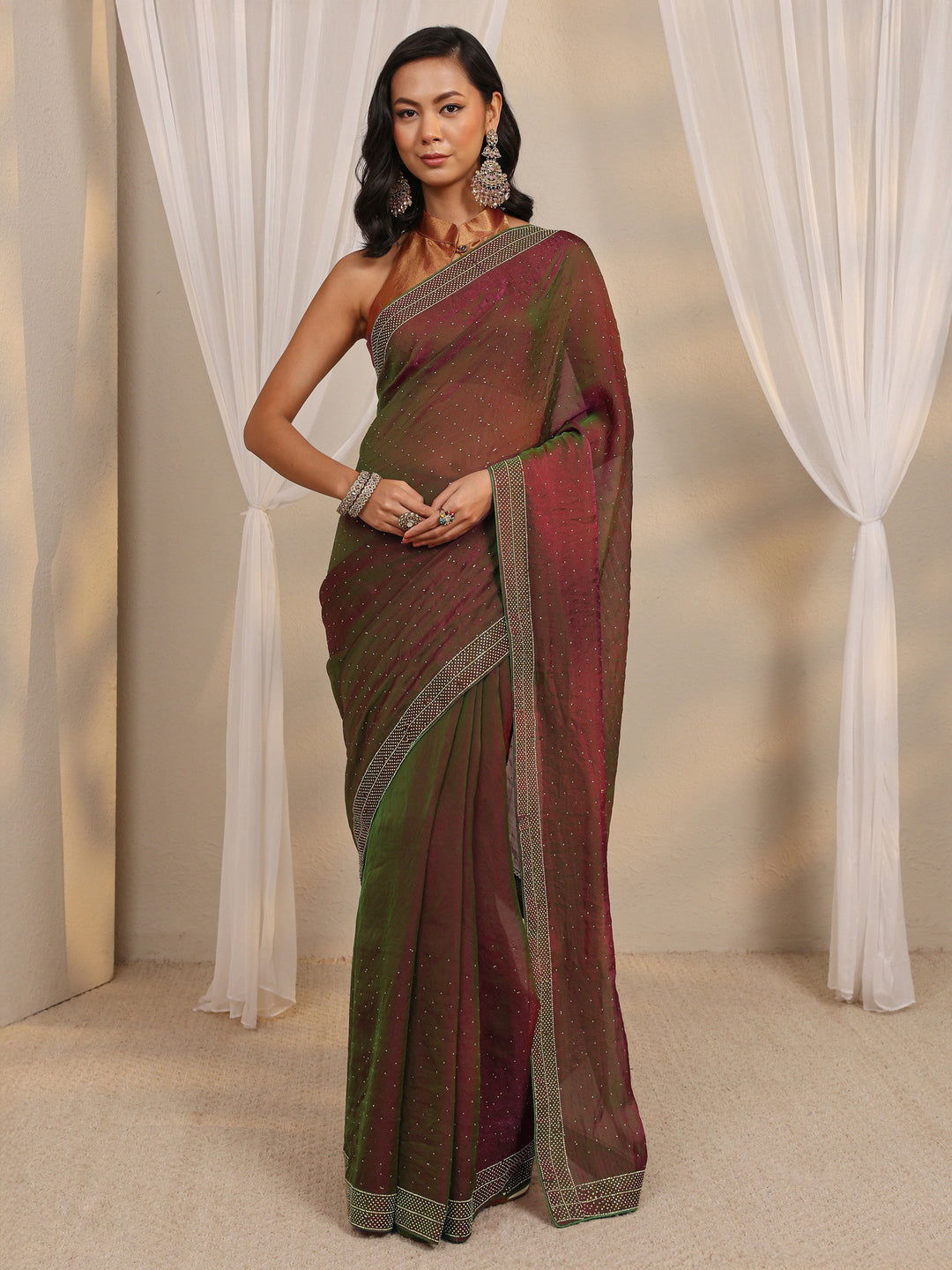  Green Embellished Tissue Saree With Unstitched Blouse Piece 