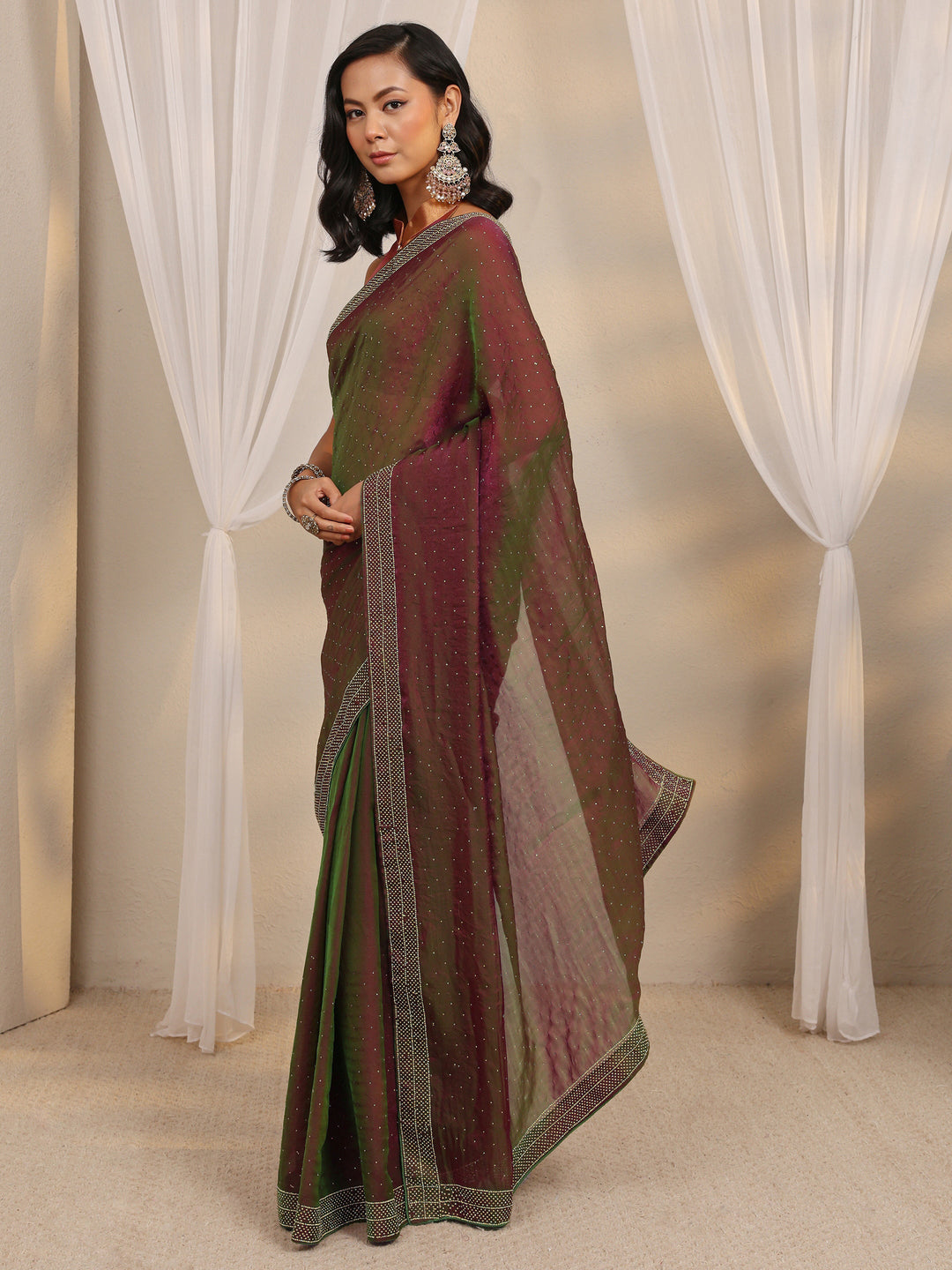  Green Embellished Tissue Saree With Unstitched Blouse Piece 