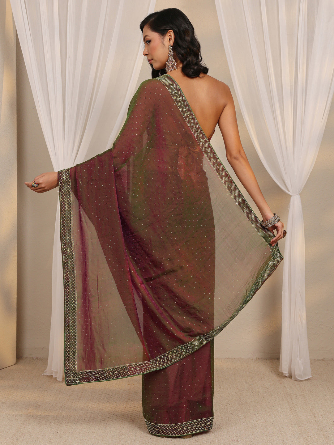  Green Embellished Tissue Saree With Unstitched Blouse Piece 