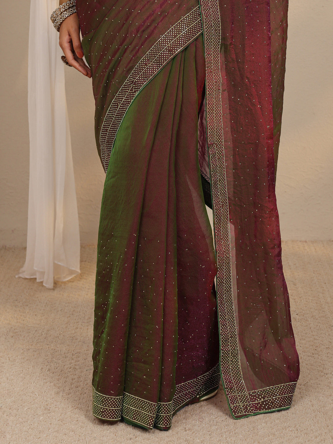  Green Embellished Tissue Saree With Unstitched Blouse Piece 