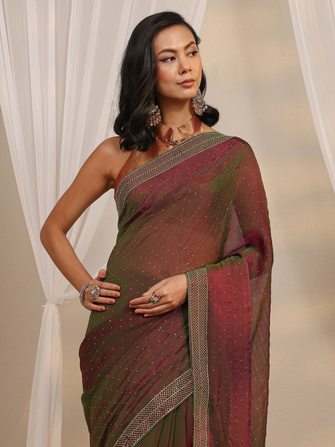  Green Embellished Tissue Saree With Unstitched Blouse Piece 