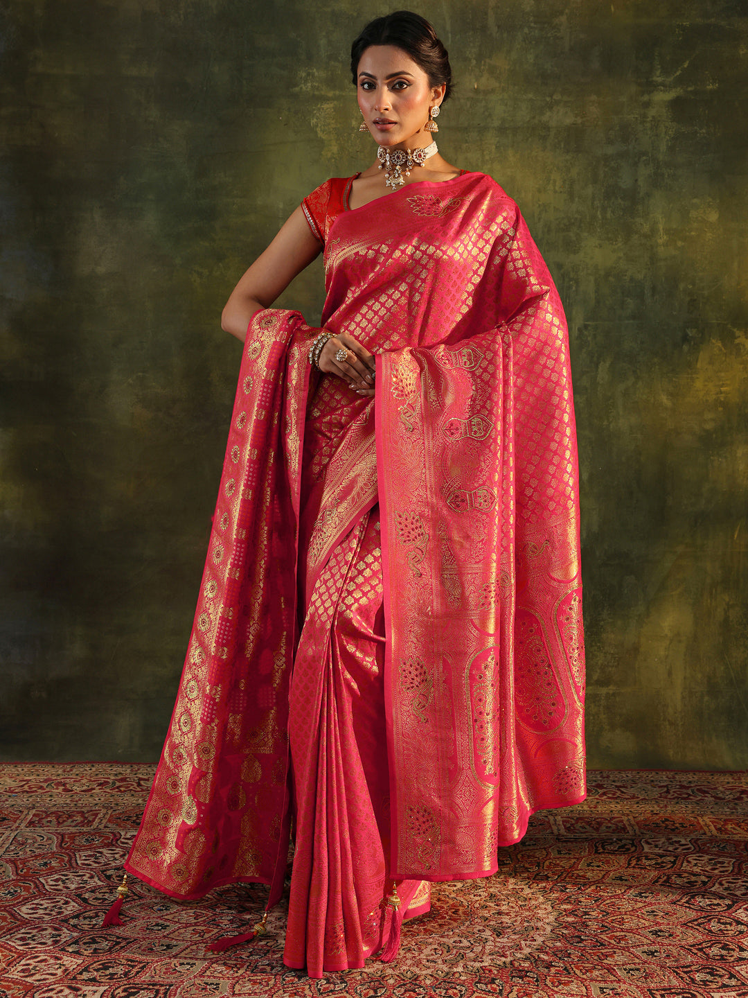  Pink Banarasi Silk Saree With Unstitched Blouse And Dupatta 