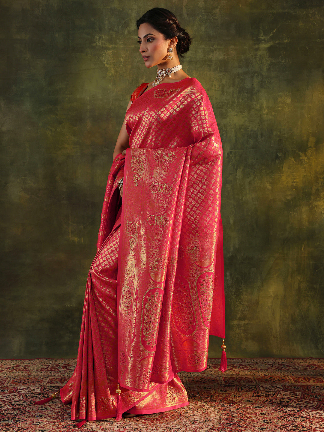  Pink Banarasi Silk Saree With Unstitched Blouse And Dupatta 