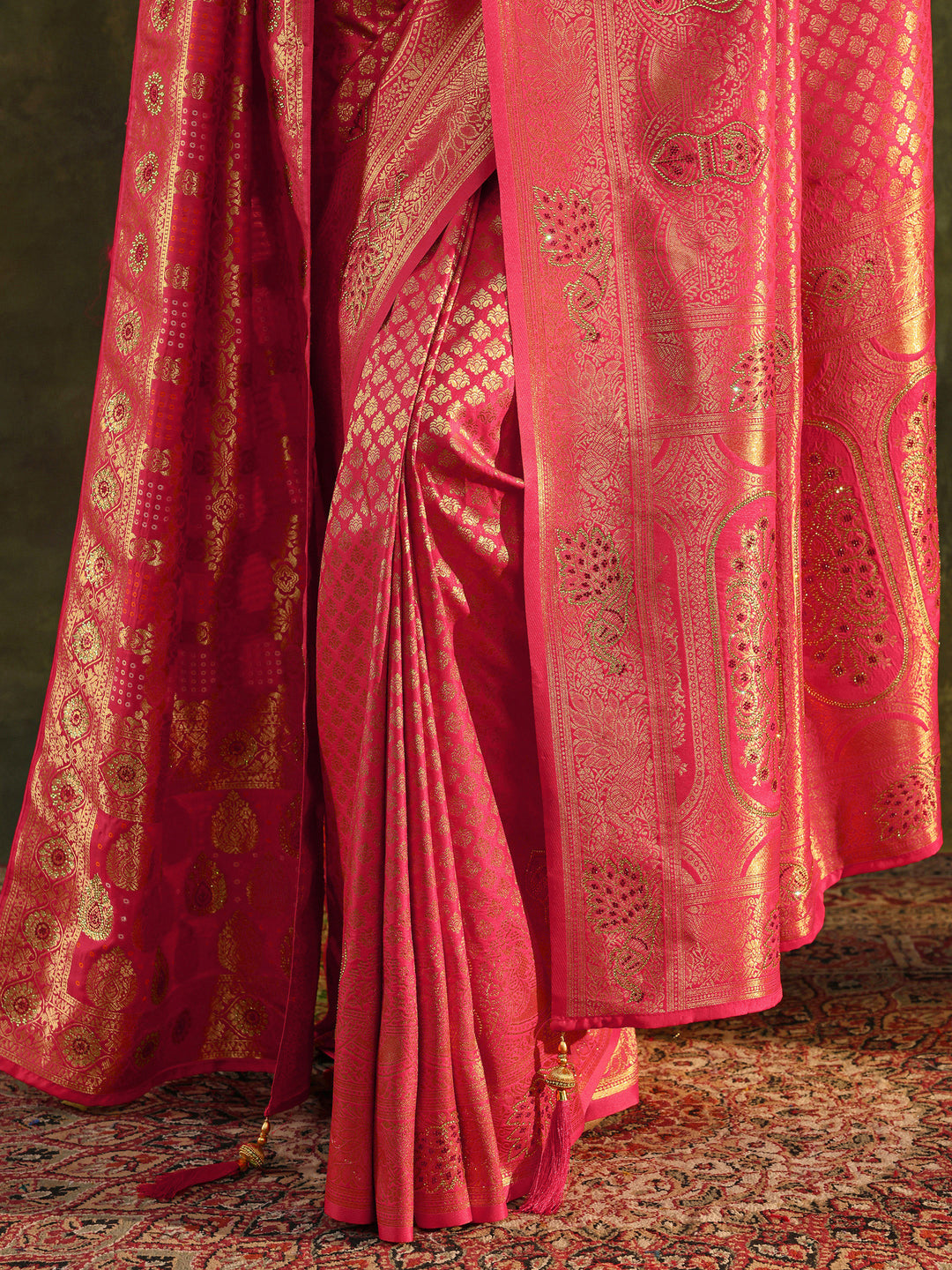  Pink Banarasi Silk Saree With Unstitched Blouse And Dupatta 