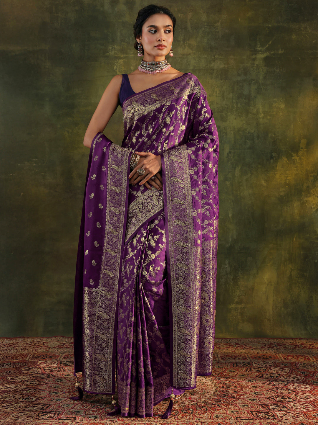  Purple Banarasi Silk Saree With Unstitched Blouse And Dupatta 