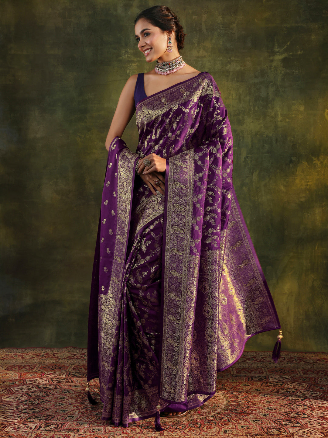  Purple Banarasi Silk Saree With Unstitched Blouse And Dupatta 