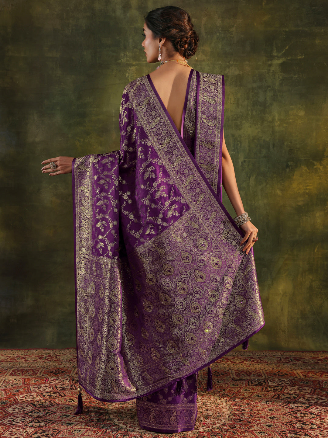  Purple Banarasi Silk Saree With Unstitched Blouse And Dupatta 