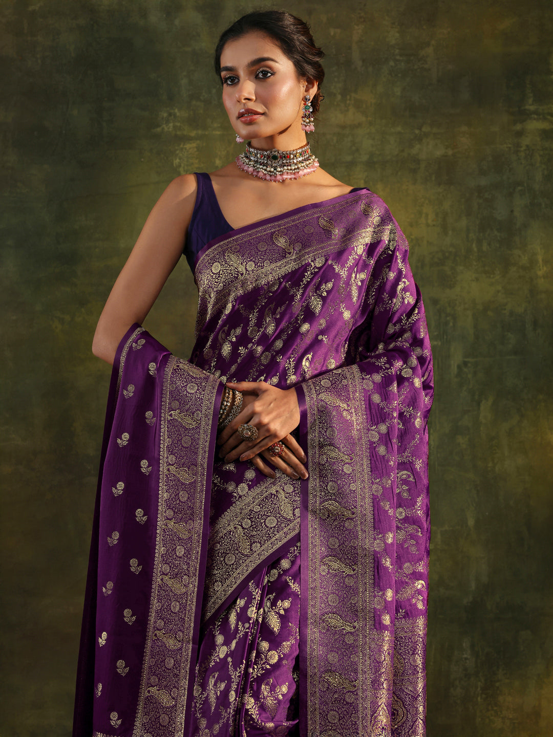  Purple Banarasi Silk Saree With Unstitched Blouse And Dupatta 