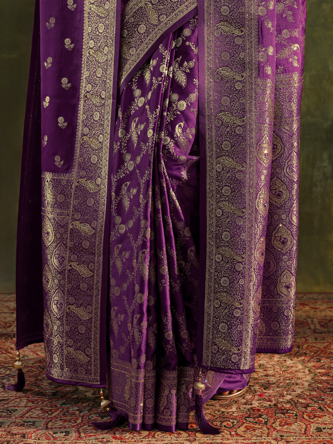  Purple Banarasi Silk Saree With Unstitched Blouse And Dupatta 