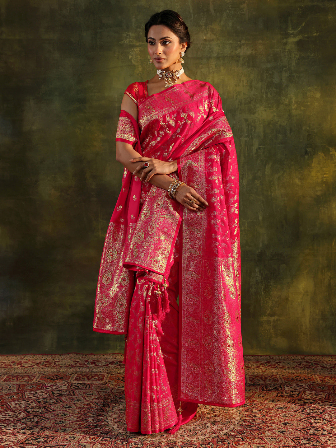  Red Banarasi Silk Saree With Unstitched Blouse And Dupatta 