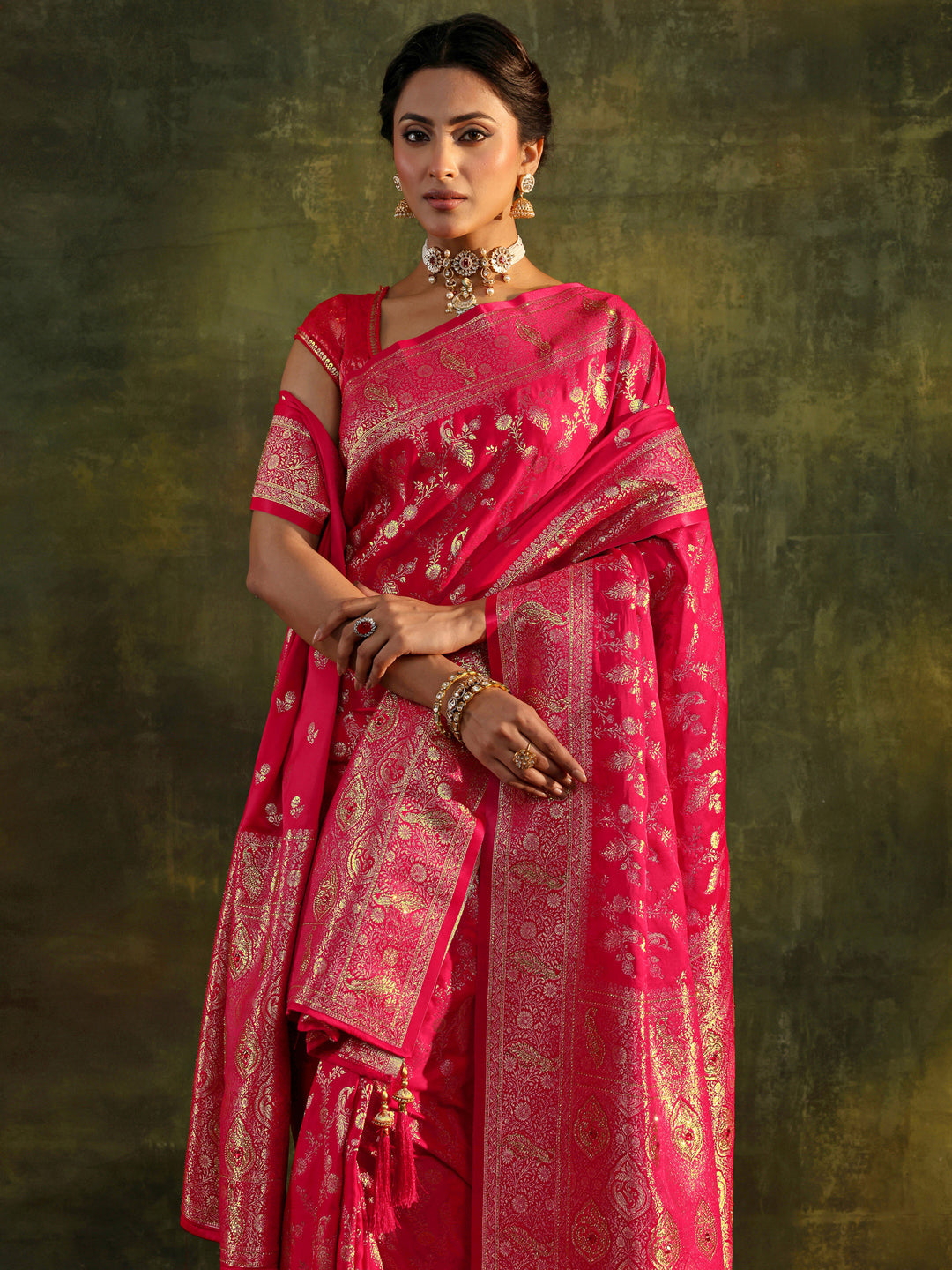  Red Banarasi Silk Saree With Unstitched Blouse And Dupatta 