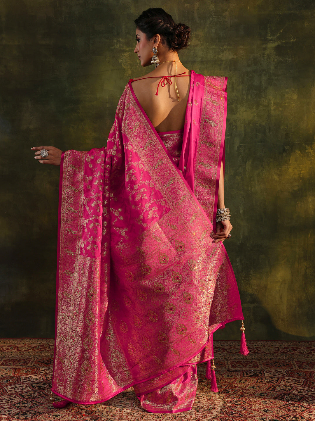  Pink Banarasi Silk Saree With Unstitched Blouse And Dupatta 