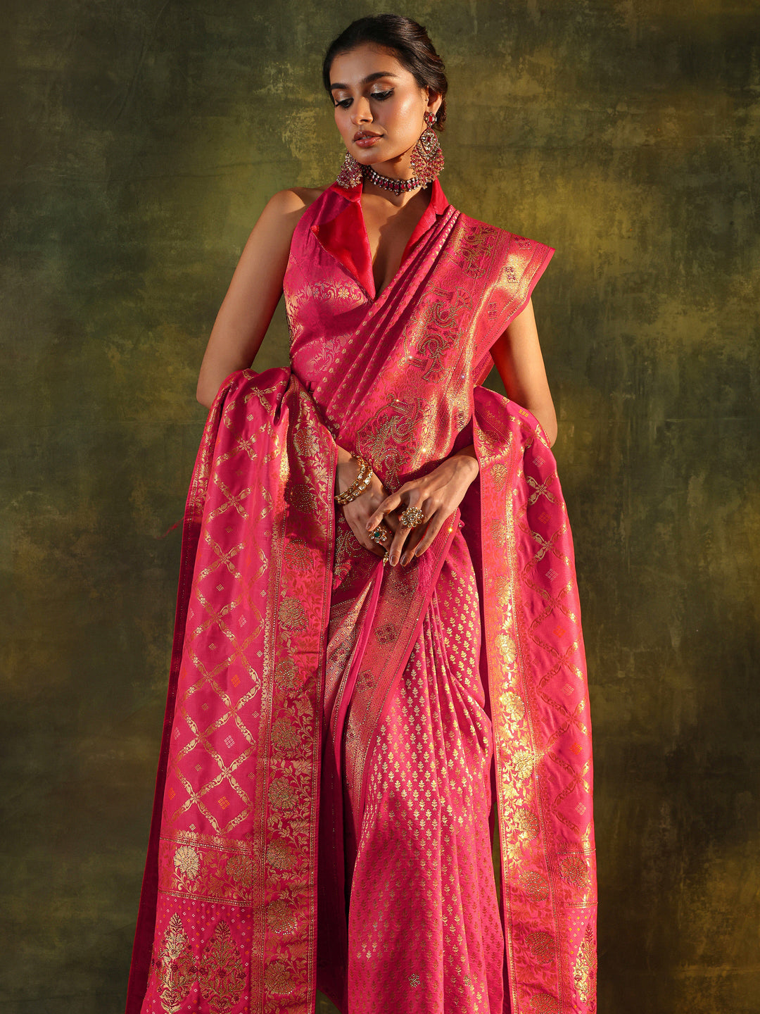  Pink Banarasi Silk Saree With Unstitched Blouse And Dupatta 