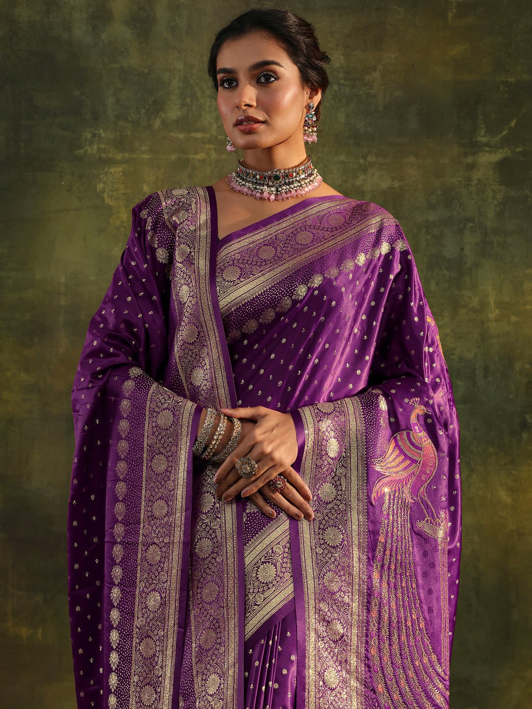  Purple Embellished  Silk Saree With Unstitched Blouse And Dupatta 
