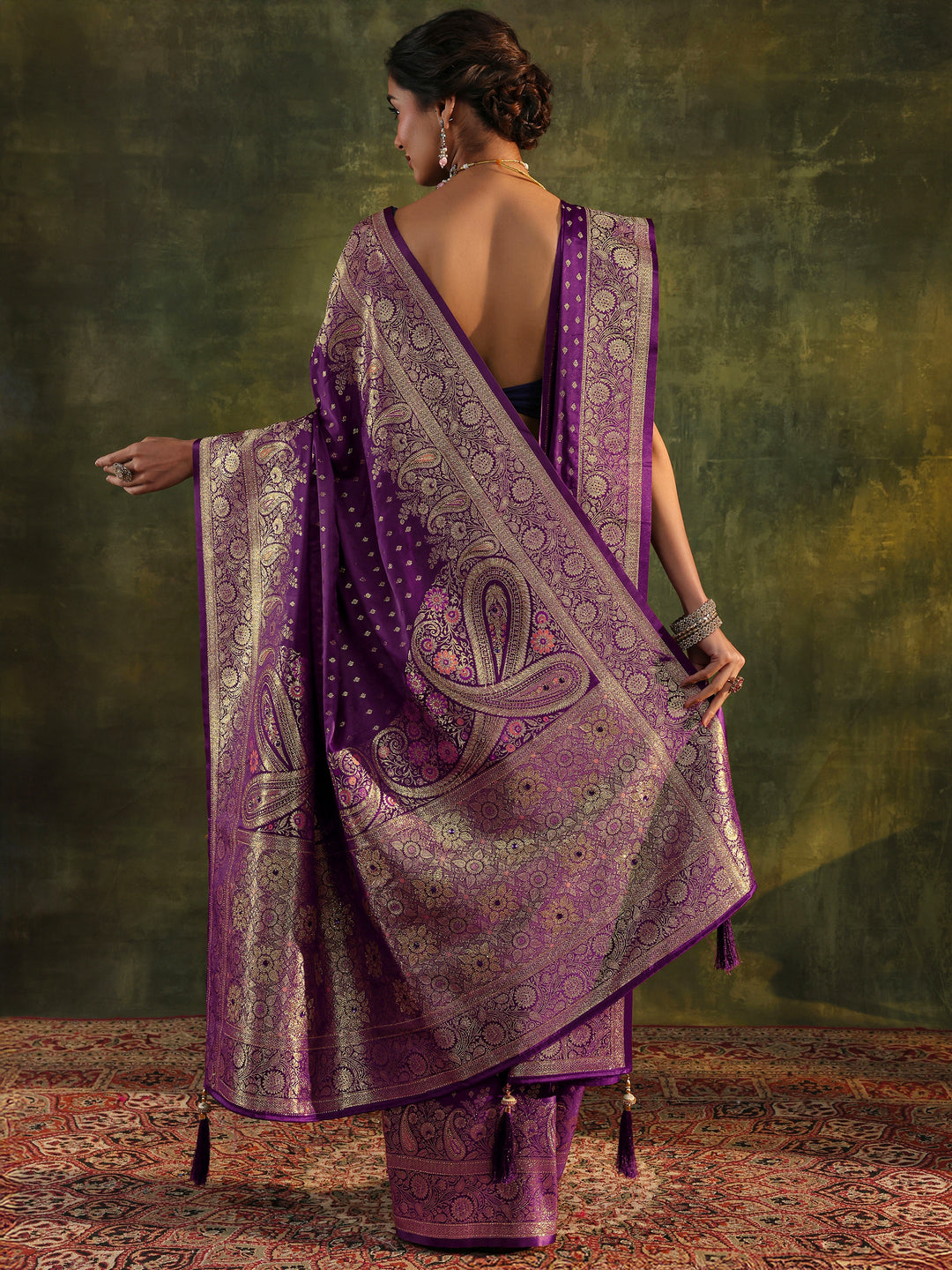  Purple Banarasi Silk Saree With Unstitched Blouse And Dupatta 