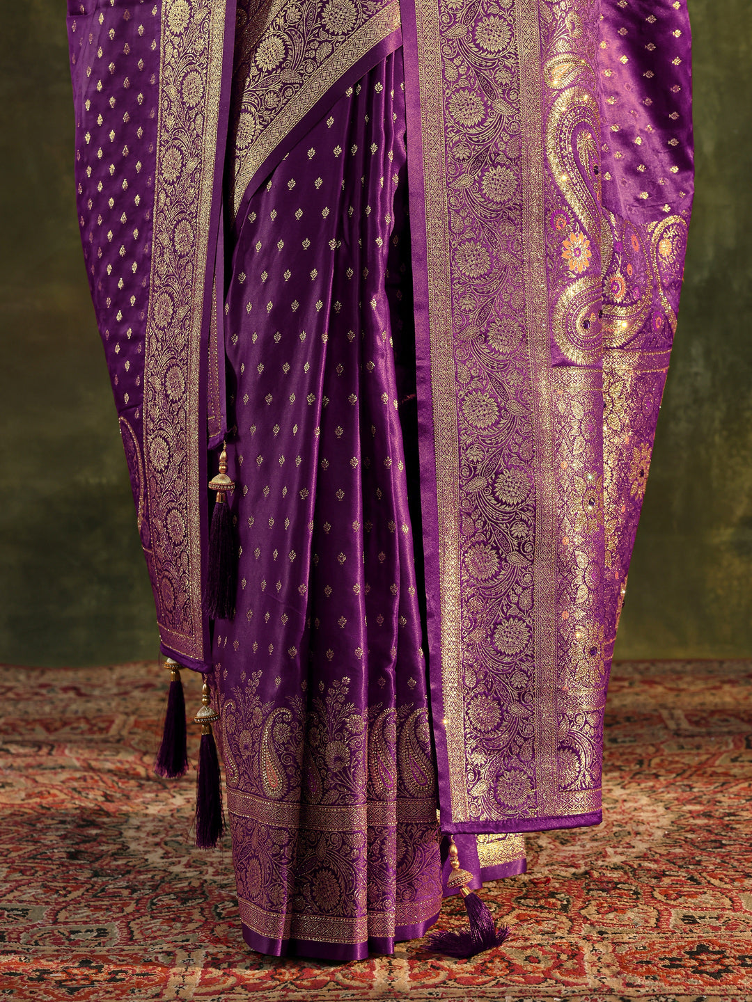  Purple Banarasi Silk Saree With Unstitched Blouse And Dupatta 