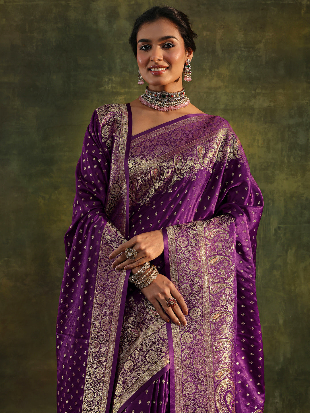  Purple Banarasi Silk Saree With Unstitched Blouse And Dupatta 