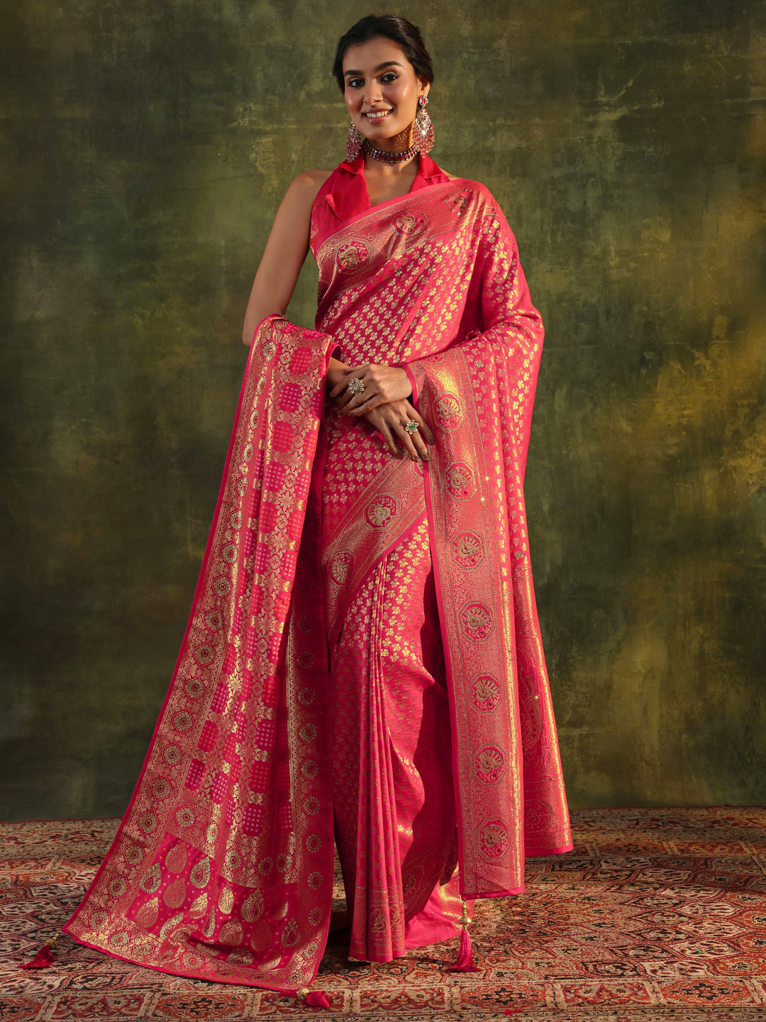  Pink Banarasi Silk Saree With Unstitched Blouse And Dupatta 