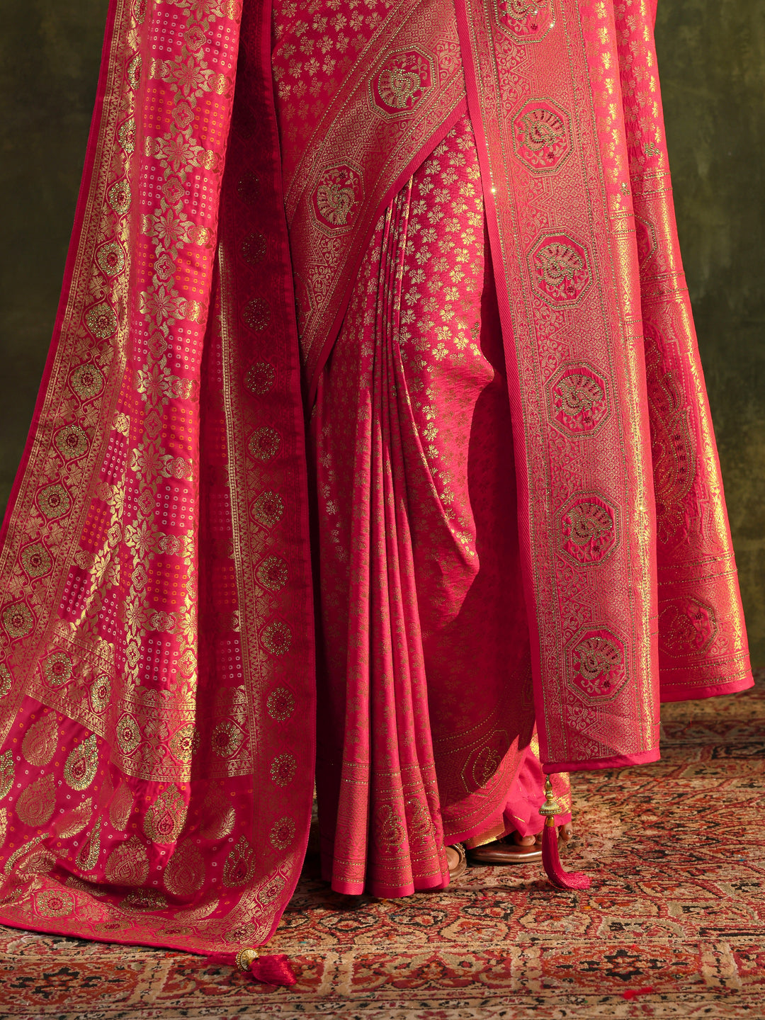  Pink Banarasi Silk Saree With Unstitched Blouse And Dupatta 