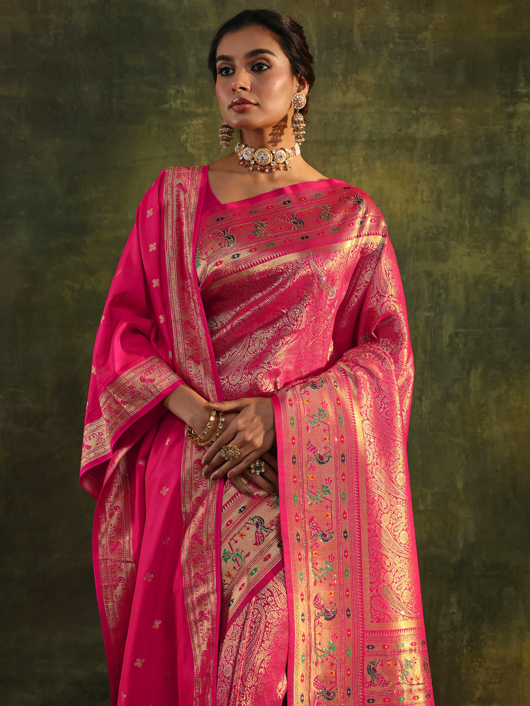 Pink Paithani Silk Saree With Unstitched Blouse And Dupatta 