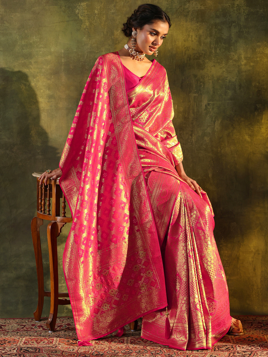 Pink Banarasi Silk Saree With Unstitched Blouse And Dupatta