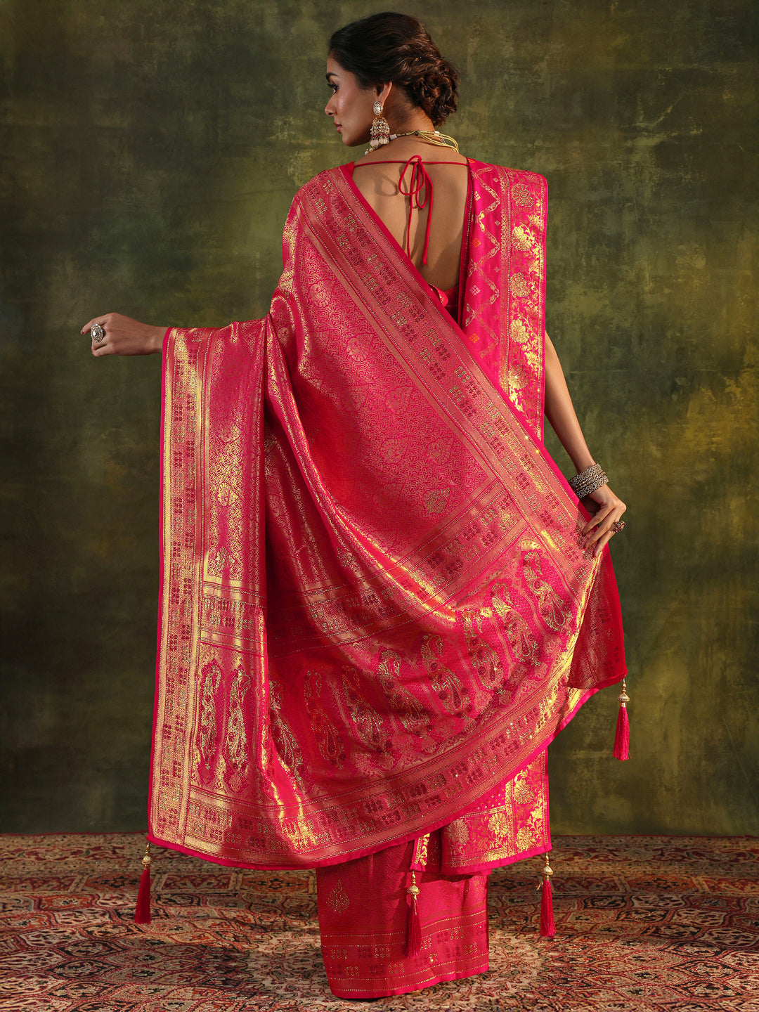  Pink Banarasi Silk Saree With Unstitched Blouse And Dupatta 