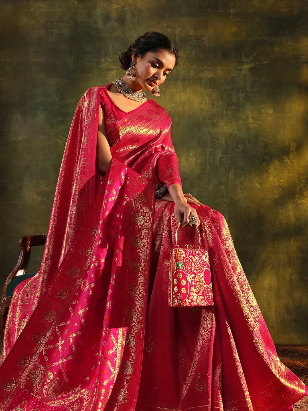  Pink Banarasi Silk Saree With Unstitched Blouse And Dupatta 