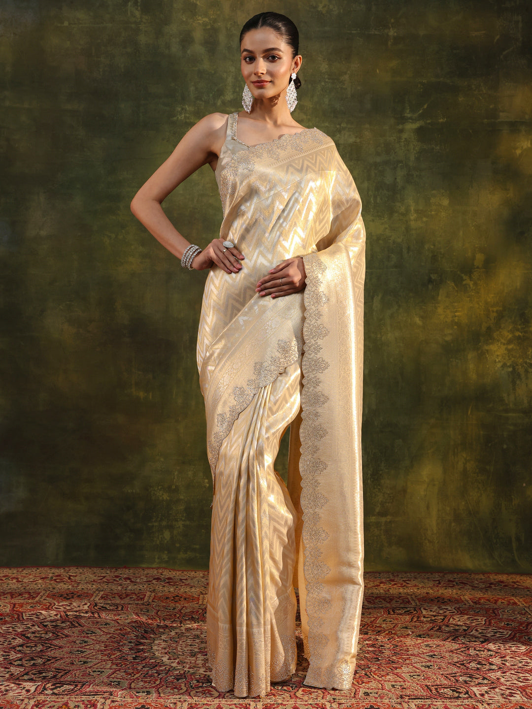  Gold Chevron Embellished Silk Saree With Unstitched Blouse Piece 
