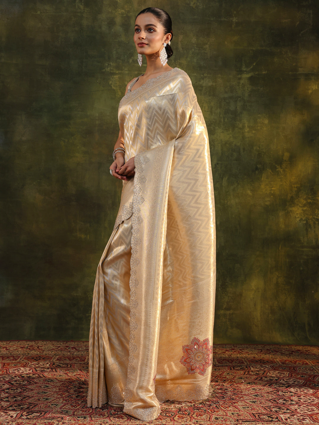  Gold Chevron Embellished Silk Saree With Unstitched Blouse Piece 