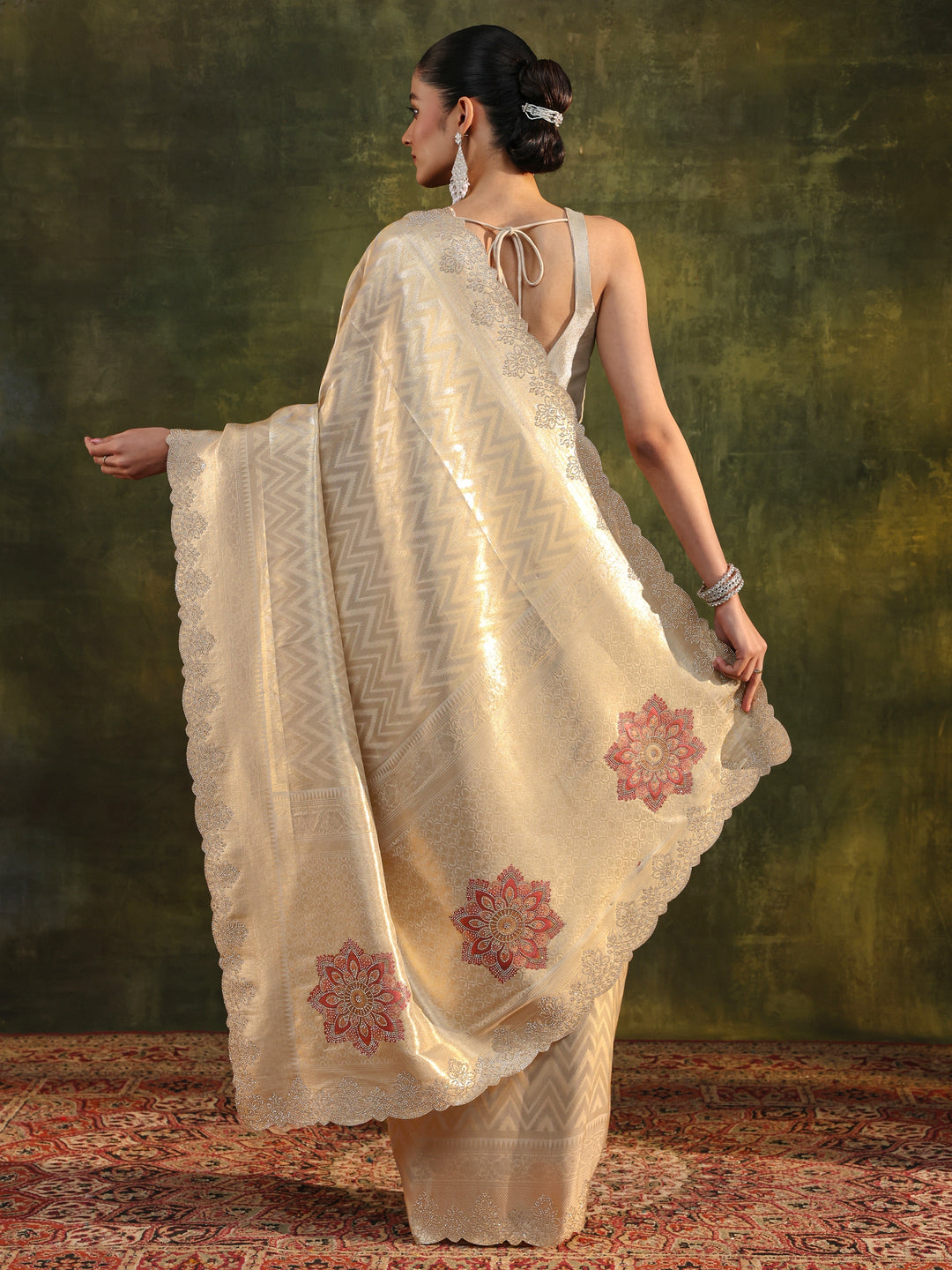  Gold Chevron Embellished Silk Saree With Unstitched Blouse Piece 