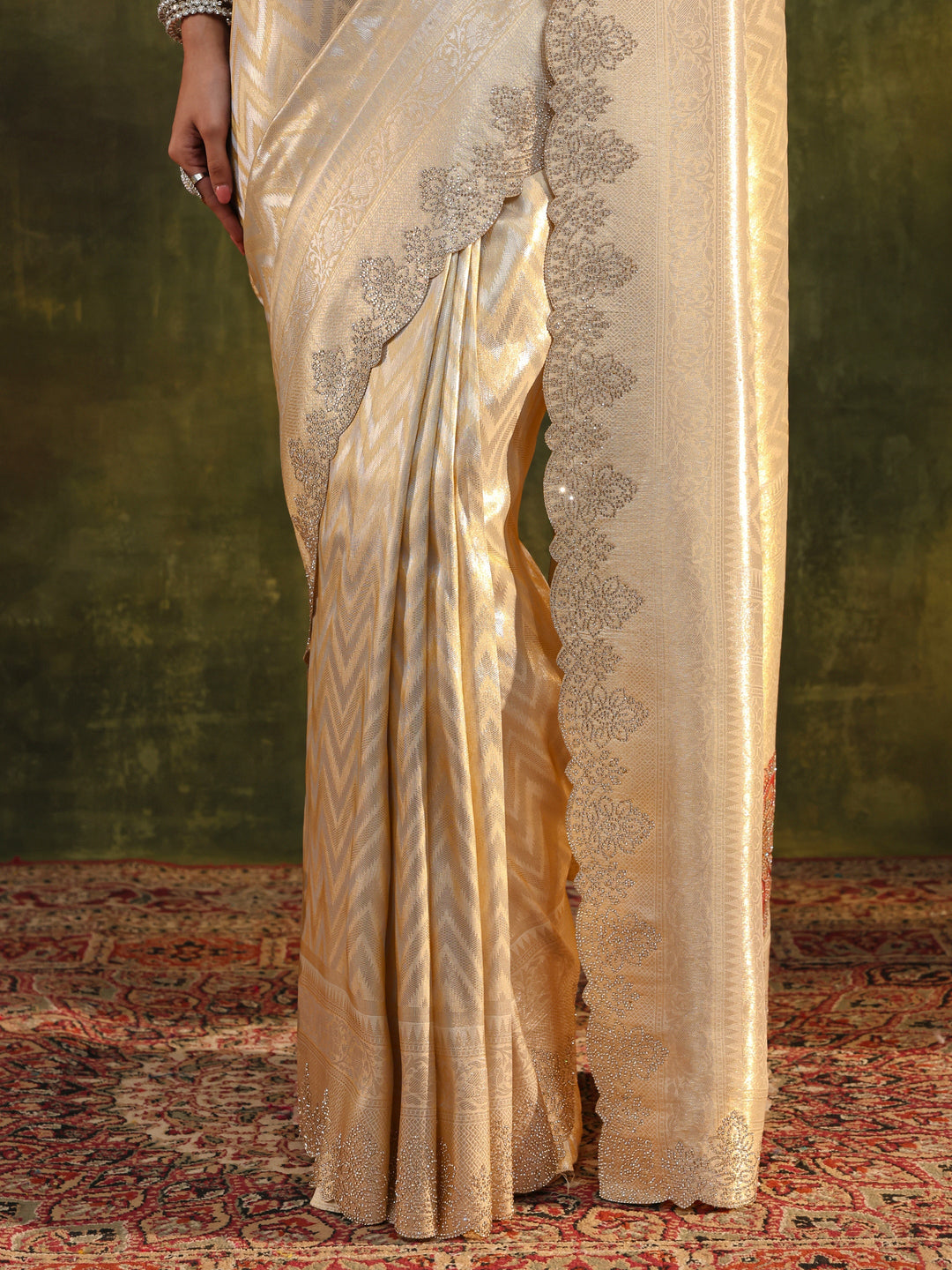  Gold Chevron Embellished Silk Saree With Unstitched Blouse Piece 