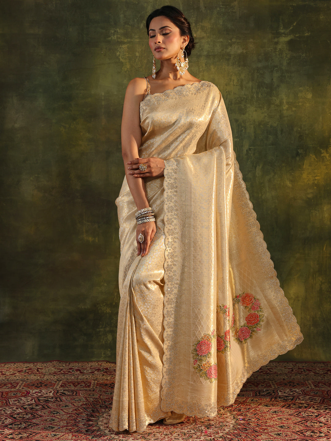  Gold Floral Embellished Silk Saree With Unstitched Blouse Piece 