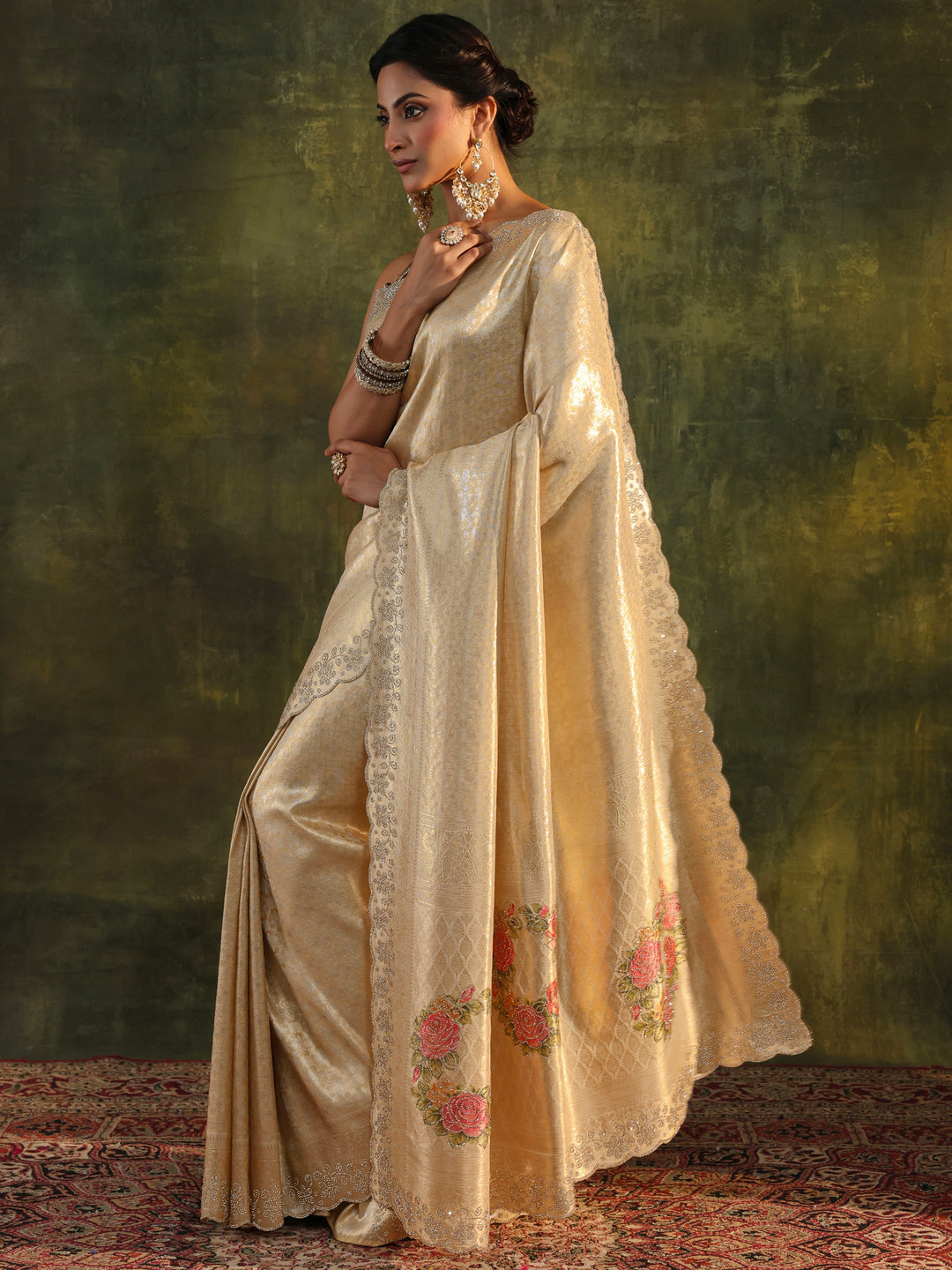  Gold Floral Embellished Silk Saree With Unstitched Blouse Piece 