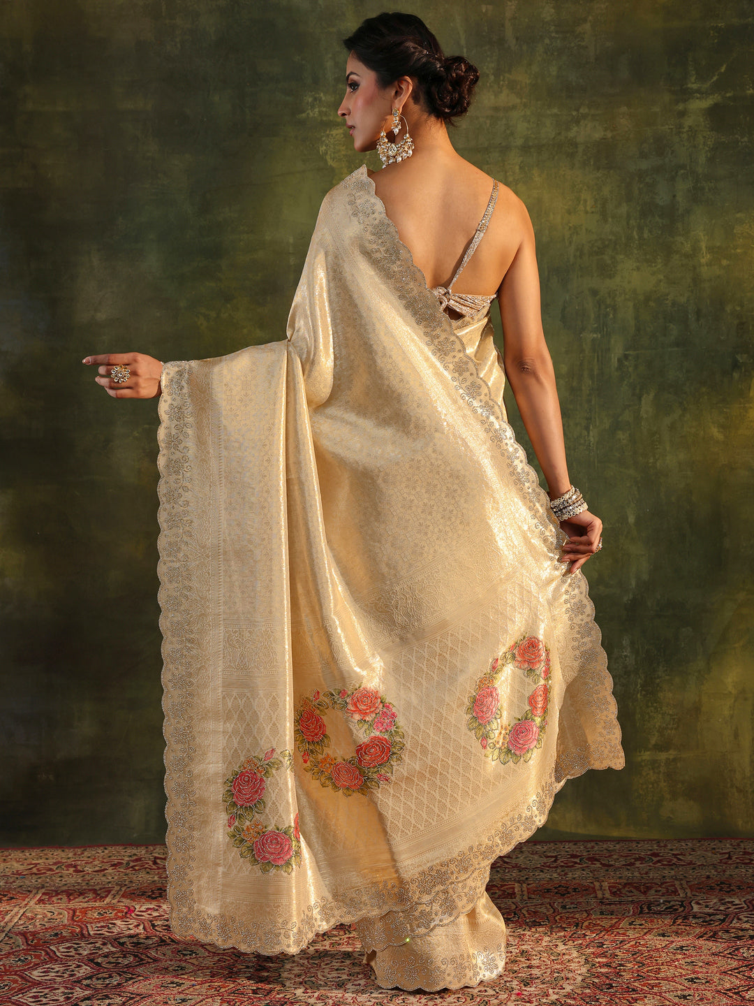  Gold Floral Embellished Silk Saree With Unstitched Blouse Piece 