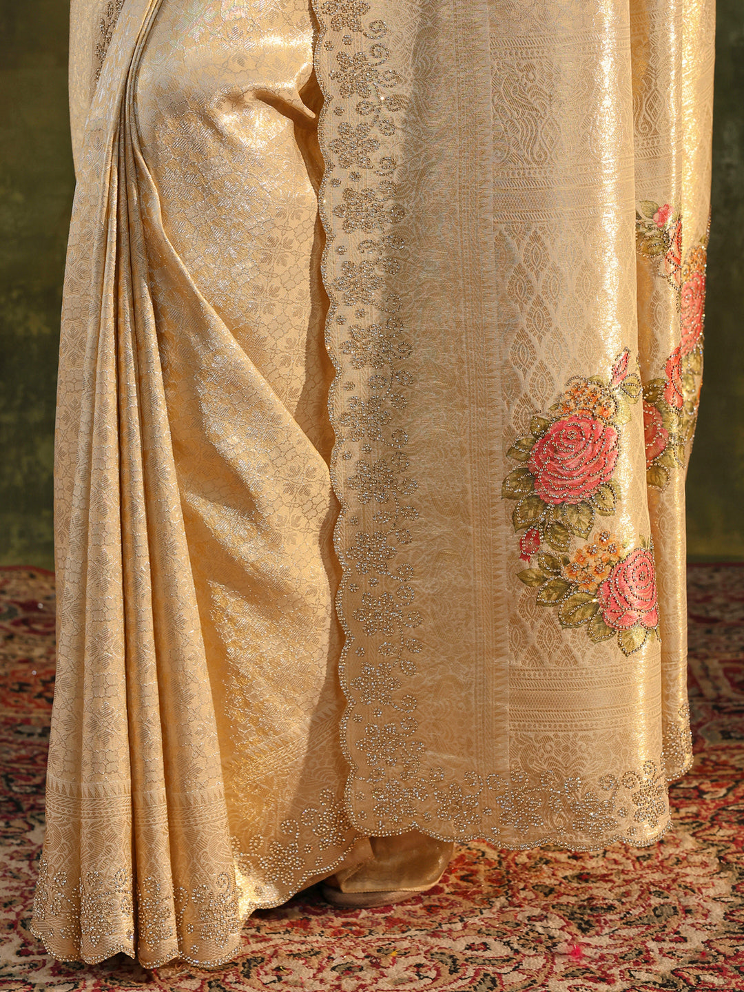  Gold Floral Embellished Silk Saree With Unstitched Blouse Piece 