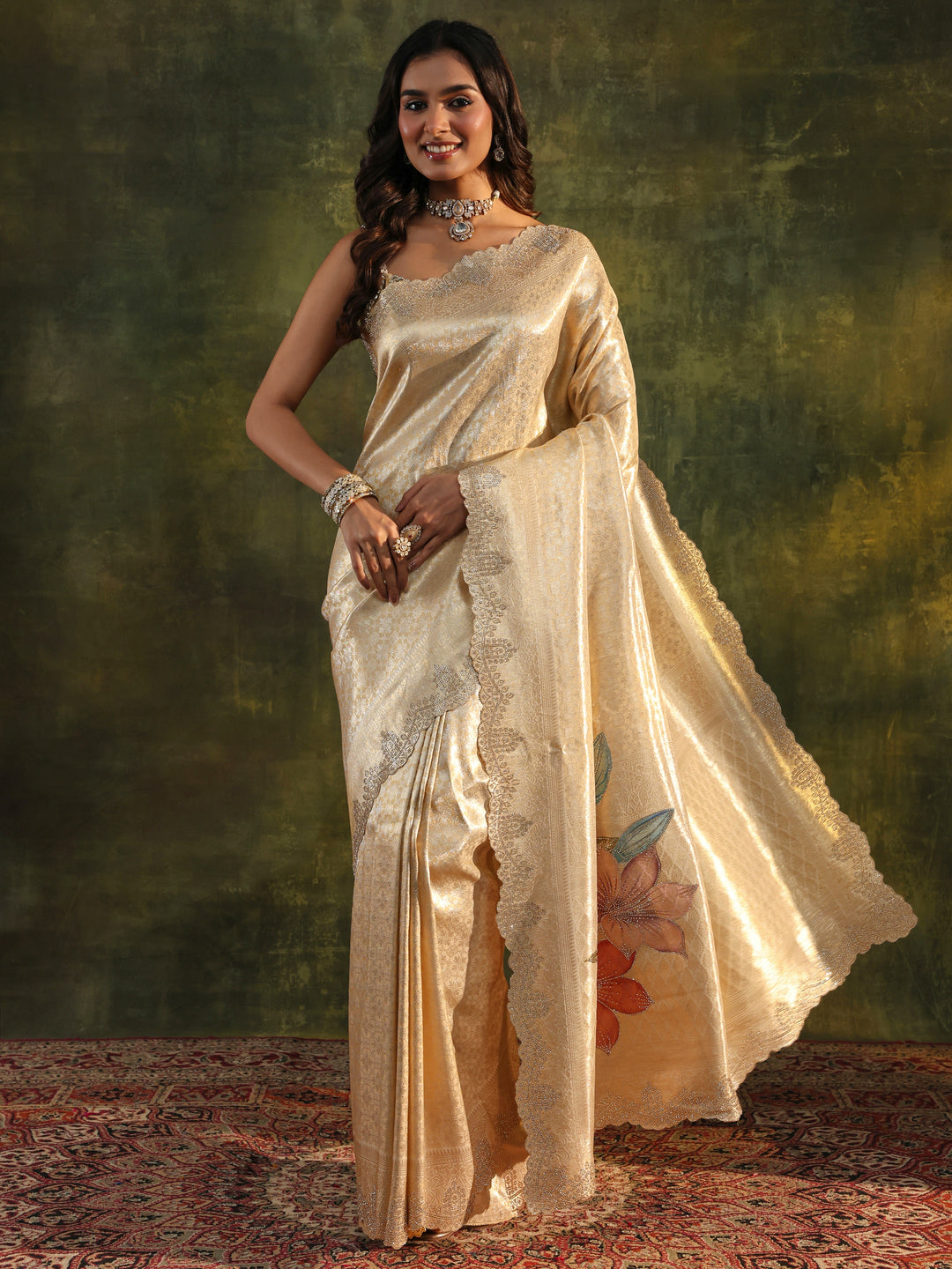  Gold Floral Embellished Silk Saree With Unstitched Blouse Piece 