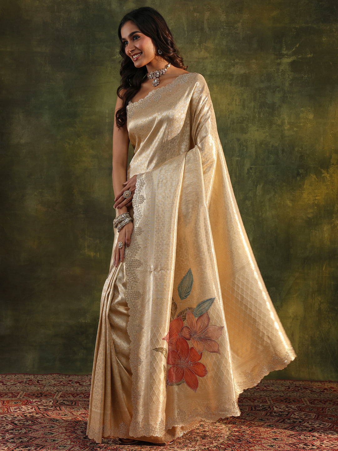  Gold Floral Embellished Silk Saree With Unstitched Blouse Piece 