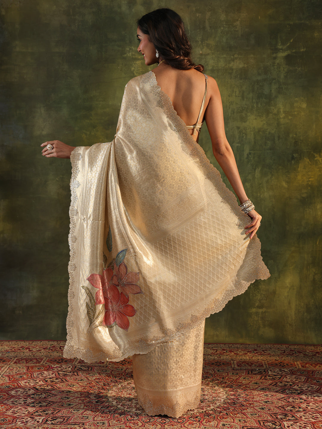  Gold Floral Embellished Silk Saree With Unstitched Blouse Piece 