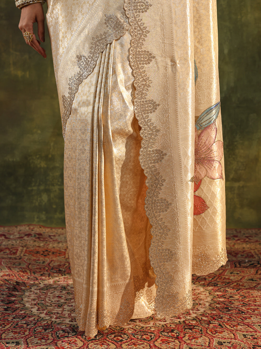  Gold Floral Embellished Silk Saree With Unstitched Blouse Piece 