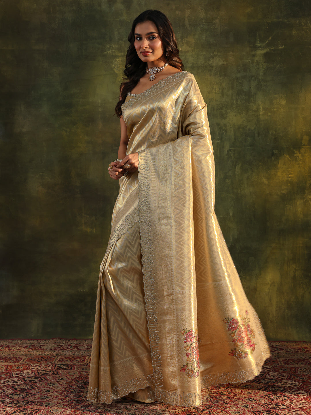  Gold Floral Embellished Silk Saree With Unstitched Blouse Piece 