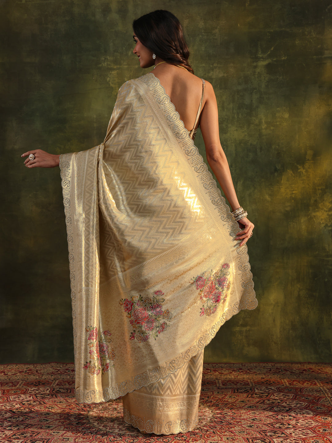  Gold Floral Embellished Silk Saree With Unstitched Blouse Piece 