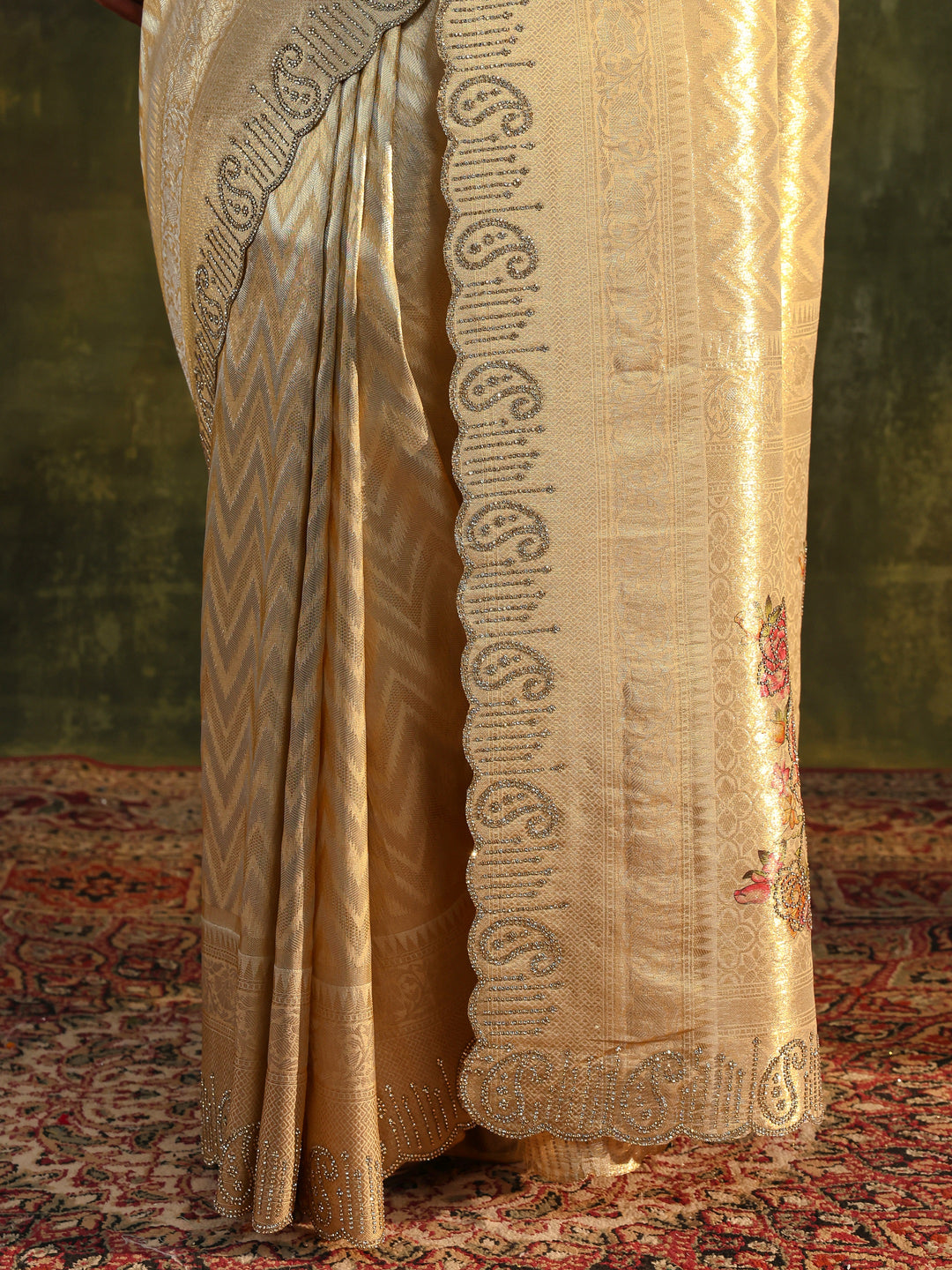  Gold Floral Embellished Silk Saree With Unstitched Blouse Piece 