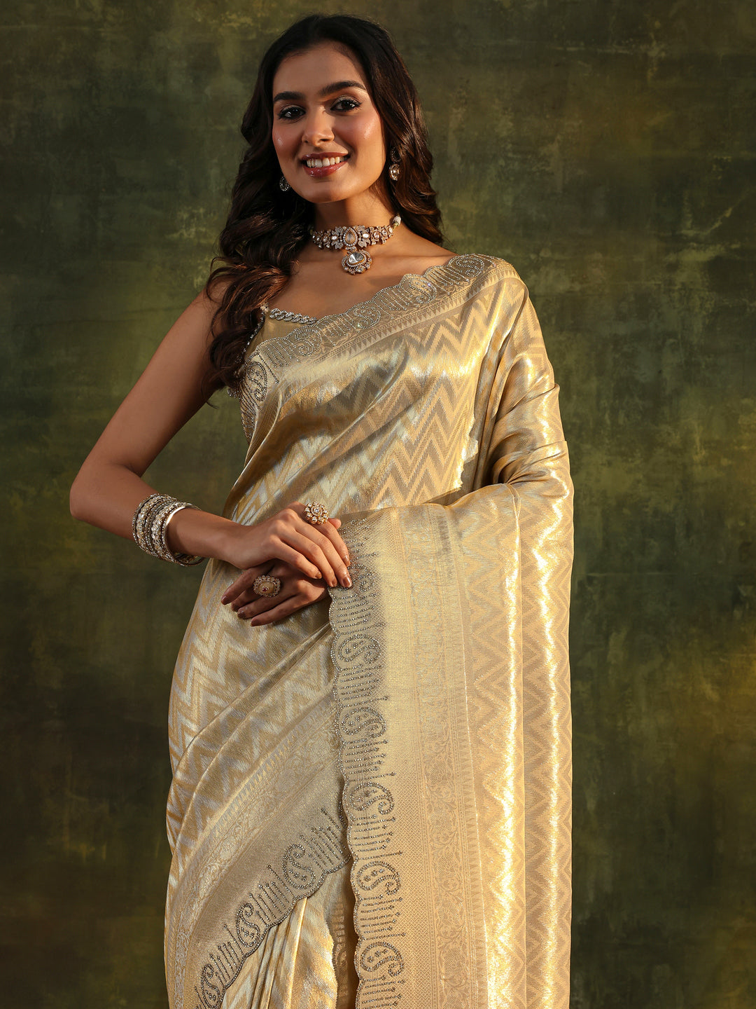  Gold Floral Embellished Silk Saree With Unstitched Blouse Piece 